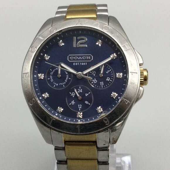 Coach Tristen Watch Women 37mm Silver Gold Tone Day Date Blue New Battery 6.5" - Picture 1 of 14